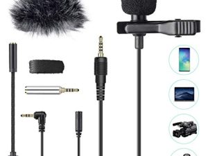 AGPTEK Micrófono de Solapa con Parabrisas, Z02C Lavalier Micrófono Omnidireccional con 3 Adaptadores, 2M Cable para Smartphones, PC, Videocámaras, Negro