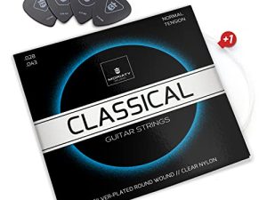 Cuerdas de nailon de primera calidad para guitarra clásica, española, cuerdas guitarra flamenca y guitarra acústica BONUS: 4 púas + Escuela de Guitarra (ebook)