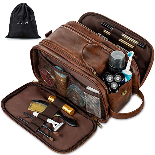 Elviros Neceser Hombre de Viaje, Bolsa de Aseo Grande Impermeable de PU, Neceser Maquillaje Organizador para Mujer Portáti Gran Capacidad Dopp Kit, Marrón Oscuro, 24 x 15 x 16 cm