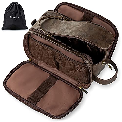 Elviros Neceser Hombre de Viaje, Bolsa de Aseo Grande Impermeable de PU, Neceser Maquillaje Organizador para Mujer Portáti Gran Capacidad Dopp Kit, Chocolate, 24 x 15 x 16 cm