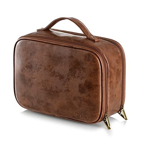 Elviros Neceser para Mujer y Hombre Fabricado en Piel sintética con Gancho, Neceser de Viaje Impermeable Grande Neceser de baño Neceser de Belleza con Neceser seco húmedo,29 x 21 x 14cm,Marron Oscuro