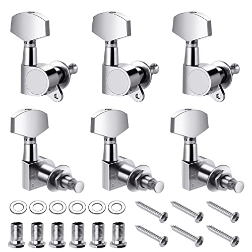 Flexzion Clavijas de afinación de guitarra de crome, Set de 6 clavijas para guitarra acústica o eléctrica (3 izquierda 3 derecha), Accesorios de instrumentos para reemplazo