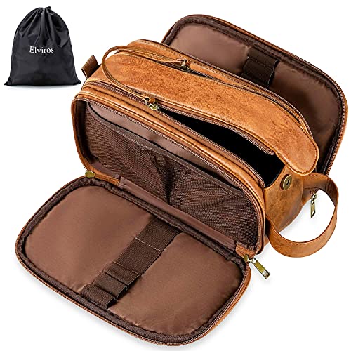 Elviros Neceser Hombre de Viaje, Bolsa de Aseo Grande Impermeable de PU, Neceser Maquillaje Organizador para Mujer Portáti Gran Capacidad Dopp Kit, Marrón, 24 x 15 x 16 cm