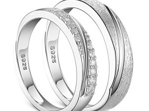 SHEGRACE Par de Anillos de Pareja en Plata de Ley 925 con Grabado Esmerilado y Anillos de Compromiso de Circonio 3A, Ajustables, Regalo para Amantes