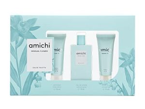 AMICHI – Sensual Flower, Estuche de Regalo para Mujer, Colonia Perfumada, Eau de Toilette Femenina, Fresca y de Larga Duración, Frutal, Perfume 75 ml + Gel Baño 75 ml + Loción Corporal 75 ml