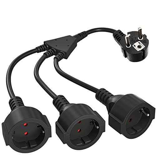 Cable de Extensión con 3 Enchufes Schuko, 1 a 3 Protección Contra Enchufes Corto Cable de Plástico, Conector Triple IP20 para en el Hogar, Oficina, área al Aire Libre, 3X1,5 mm², Hasta 250V/16A, Negro