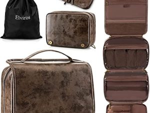 Elviros Neceser para Mujer y Hombre Hecho de Cuero PU con Gancho, Neceser de Viaje Grande Impermeable para Aseo (Color Chocolate)