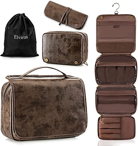 Elviros Neceser para Mujer y Hombre Hecho de Cuero PU con Gancho, Neceser de Viaje Grande Impermeable para Aseo (Color Chocolate)