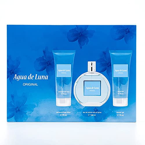 AGUA DE LUNA - Original, Perfume 100 ml + Gel de Baño 75 ml + Loción Corporal 75 ml, Estuche de Regalo para Mujer, Colonia Perfumada, Eau de Toilette Femenina, Fresca y de Larga Duración, Floral