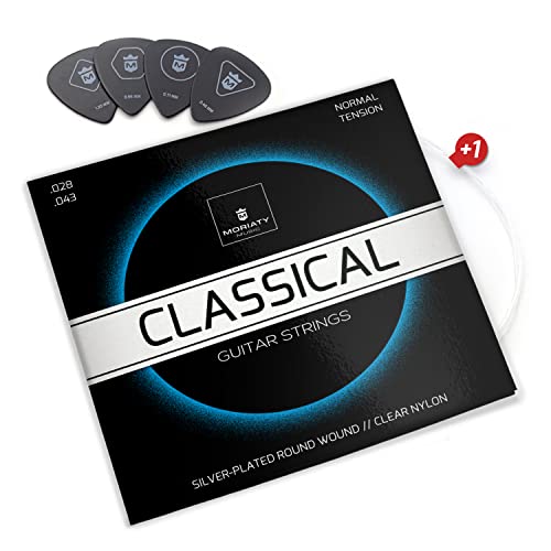 Cuerdas de nailon de primera calidad para guitarra clásica, española, cuerdas guitarra flamenca y guitarra acústica BONUS: 4 púas + Escuela de Guitarra (ebook)