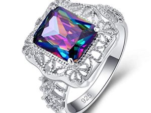Honghu Chunky Emerald Cut Rainbow Topaz 925 Anillo de Plata esterlina Mujeres Exquisita Vintage Band Jewelry Multicolor # 9