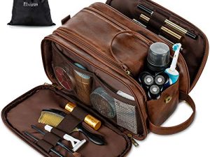 Elviros Neceser Hombre de Viaje, Bolsa de Aseo Grande Impermeable de PU, Neceser Maquillaje Organizador para Mujer Portáti Gran Capacidad Dopp Kit, Marrón Oscuro, 24 x 15 x 16 cm