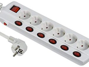 Electraline 62503 Regleta Base múltiple 6 Tomas schuko + 6 1 Interruptor General, Cable 1.5 M, Blanco