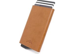 Stealth Wallet – Cartera Minimalista con Portatarjetas Emergente – Carteras Seguras Delgadas y Livianas con Protección RFID y Caja de Regalo (Cuero Tostado)