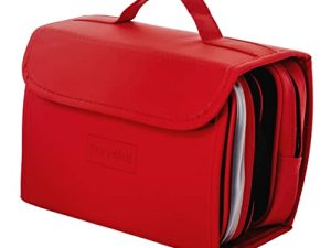 TRAVEFUL Neceser Maquillaje de Viaje Grande y Desplegable – Bolsa de Aseo Expandible con Gancho Colgante 360º para Hombre y Mujer – Organizador Makeup Impermeable (Rojo)