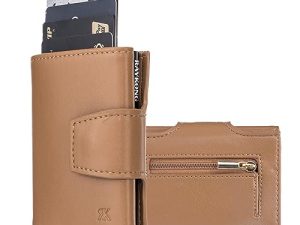 RAYKONG Cartera Tarjetero Bloqueo RFID/NFC para Hombre y Mujer | Porta Tarjetas Aluminio automática Pop-up | Billetera con Monedero Fibracarbono (Marrón)