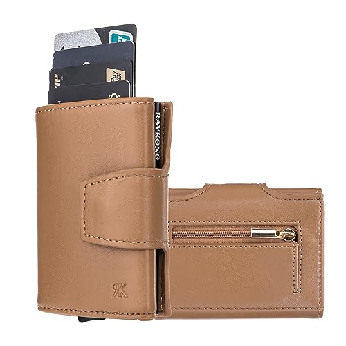 RAYKONG Cartera Tarjetero Bloqueo RFID/NFC para Hombre y Mujer | Porta Tarjetas Aluminio automática Pop-up | Billetera con Monedero Fibracarbono (Marrón)