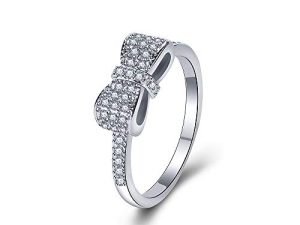 Honghu Mujeres Bowknot Platino Plateado Anillo De Cristal Dulce Boda Regalos De Joyería Nupcial