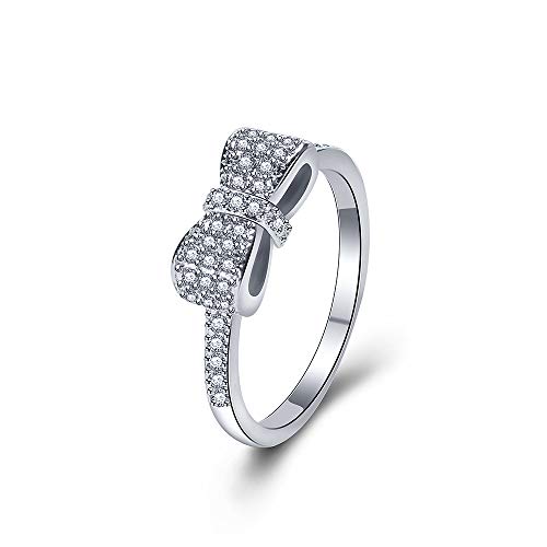 Honghu Mujeres Bowknot Platino Plateado Anillo De Cristal Dulce Boda Regalos De Joyería Nupcial