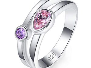 Honghu 925 Anillo de Plata esterlina Granate Topacio Rosa Corte de Pera Apilamiento Mujeres Nupcial Boda Piedras Preciosas Rosa # 6