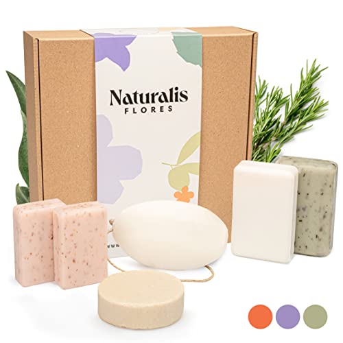 NATURALIS FLORES® Caja de 6 Jabones Orgánicos+Shampoo Sólido – Jabones Artesanales y Naturales de Cuerpo, Cara y Manos – Hechos en Francia en el corazón de la Provenza – Empaquetado 100% Reciclable