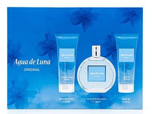AGUA DE LUNA – Original, Perfume 100 ml + Gel de Baño 75 ml + Loción Corporal 75 ml, Estuche de Regalo para Mujer, Colonia Perfumada, Eau de Toilette Femenina, Fresca y de Larga Duración, Floral