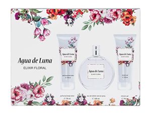 AGUA DE LUNA – Elixir Floral, Perfume 100 ml + Gel de Baño 75 ml + Loción Corporal 75 ml, Perfume de Mujer, Pack 3 Unidades, Eau de Toilette Femenina, Fresca y Duradera, Vibrante y Natural