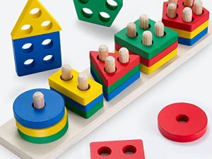 Wisplye Juguetes de Madera para Apilar y Encajar para Bebés con 20 Bloques Geométricos de Colores, Montessori Apilables Educativos Apilador Maderapara Niños Niñas Bebés de 2 3 4 5 Años