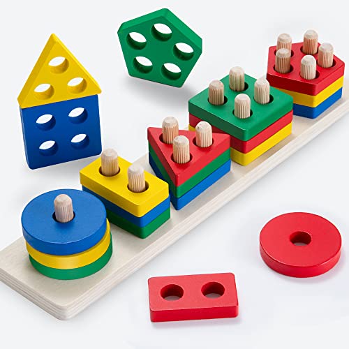 Wisplye Juguetes de Madera para Apilar y Encajar para Bebés con 20 Bloques Geométricos de Colores, Montessori Apilables Educativos Apilador Maderapara Niños Niñas Bebés de 2 3 4 5 Años