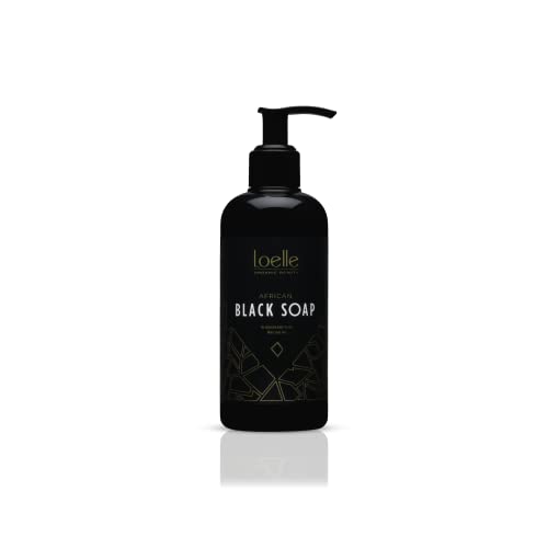 Loelle - Jabón Negro Líquido Hecho Exclusivamente con Materias Primas Naturales - Jabones Orgánicos - Ideal para el Cuerpo, la Cara y el Cabello - Pastilla Hecha en Ghana (250ml)