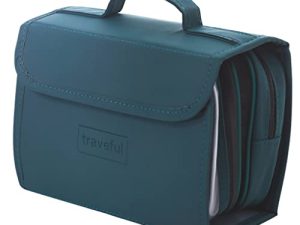 TRAVEFUL Neceser Maquillaje de Viaje Grande y Desplegable – Bolsa de Aseo Expandible con Gancho Colgante 360º para Hombre y Mujer – Organizador Makeup Impermeable (Verde)