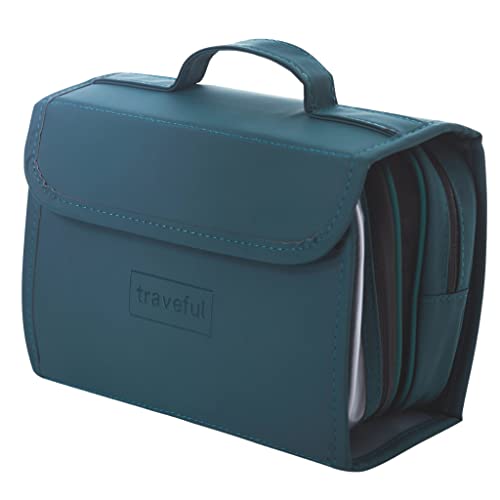 TRAVEFUL Neceser Maquillaje de Viaje Grande y Desplegable - Bolsa de Aseo Expandible con Gancho Colgante 360º para Hombre y Mujer - Organizador Makeup Impermeable (Verde)