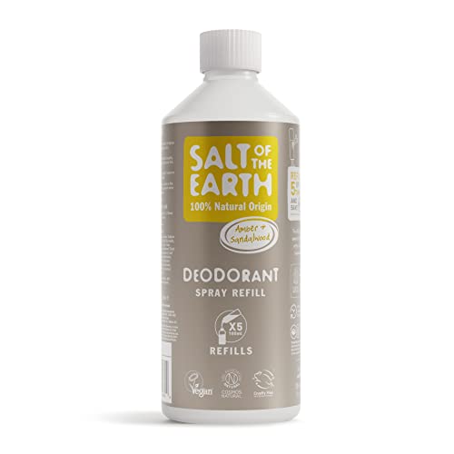 Natural Deodorant Spray Refill by Salt of the Earth, Amber & Sandalwood - Vegan, Long Lasting Protection, Leaping Bunny Approved, Made in the UK - 500ml
