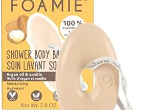 Foamie Gel de ducha 2 en 1 solido para piel seca con aceite de argan y vainilla que hidrata y revitaliza la piel 100% vegano y sin plástico 80g