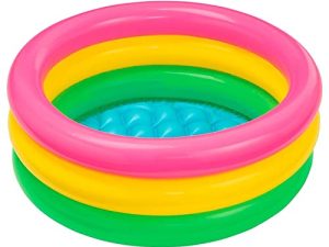 Intex 57107NP – Piscina Redonda hinchable 3 aros +base hinchable 61 x 22 cm, 28 l, Azul, rosa, verde, 1 a 3 años