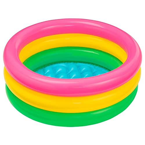 Intex 57107NP - Piscina Redonda hinchable 3 aros +base hinchable 61 x 22 cm, 28 l, Azul, rosa, verde, 1 a 3 años