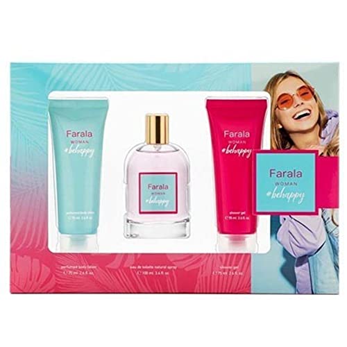 FARALA - BeHappy, Perfume 100 ml + Gel de Baño 75 ml + Loción Corporal 75 ml, Estuche de Regalo para Mujer, Pack 3, Colonia Perfumada, Eau de Toilette, Fresca y de Larga Duración, Aroma Floral
