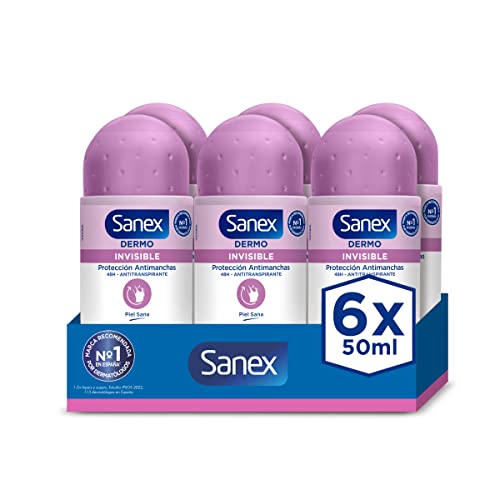 Sanex Dermo Invisible Desodorante Roll-On, Pack 6 Uds x 50 ml, Antitranspirante con hasta 48H de Protección contra el Sudor y el Olor, Protección Antimanchas, Restaura el pH Natural de la Piel