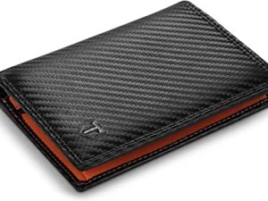 TEEHON Cartera Hombre, Cartera Vertical Cuero de Fibra de Carbono, con RIFD Protección, 13 Ranuras para Tarjetas, con Cremallera, Regalo para Hombre de Navidad, Cumpleaños(Negro y Naranja)