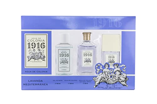 1916 - Lavanda Mediterránea, Perfume 100 ml + Perfume 30 ml + Gel de Baño 100 ml, Pack de 3 Unisex, Estuche Regalo para Hombre y Mujer, Fragancia Fresca, Floral y Delicada, Perfume de Larga Duración