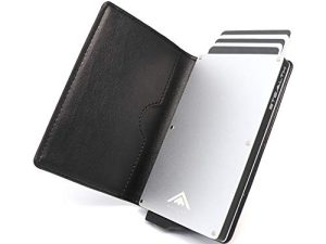 Stealth Wallet – Cartera Delgada, Ligera y Minimalista – Tarjeteros con Bloqueo RFID/NFC y Caja de Regalo (Aluminio Plata con Cuero Negro)