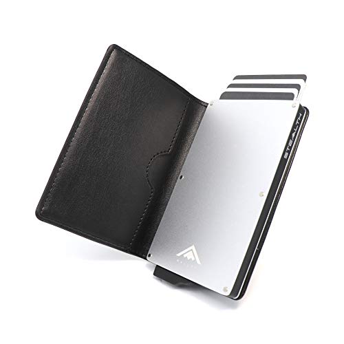 Stealth Wallet - Cartera Delgada, Ligera y Minimalista - Tarjeteros con Bloqueo RFID/NFC y Caja de Regalo (Aluminio Plata con Cuero Negro)