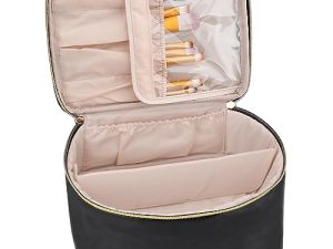 MKPCW Bolsa de maquillaje portátil, bolsa de maquillaje grande, organizador de maquillaje, bolsa de cosméticos para mujeres y niñas, bolsa de aseo de viaje con asa y divisor (negro-3)