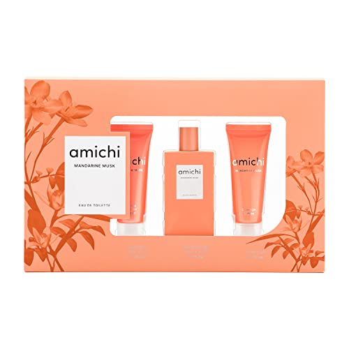 AMICHI - Mandarine Musk, Perfume 75 ml + Gel Baño 75 ml + Loción Corporal 75 ml, Estuche de Regalo para Mujer, Colonia Perfumada, Eau de Toilette Femenina, Fresca, Cítrica y de Larga Duración