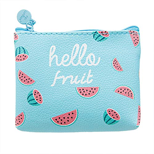 Dosige Monedero Simple Femenino Mini Bolso de la Moneda de la Historieta pequeño Monedero Femenino Cuero Corto de la PU del Bolsillo de Moneda(Patrón de sandía de Fondo Azul)