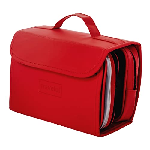 TRAVEFUL Neceser Maquillaje de Viaje Grande y Desplegable - Bolsa de Aseo Expandible con Gancho Colgante 360º para Hombre y Mujer - Organizador Makeup Impermeable (Rojo)
