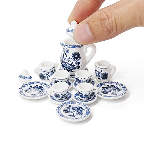 Odoria Miniaturas Escala 1/12 Conjunto de Tazas de Té Accesorios Casa de Muñecas, Loto Azul