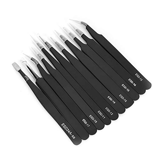 Juego de Pinzas de Precisión Antiestáticas Portátiles de Acero Inoxidable de 11 Piezas Resistencia Al Desgaste con Bolsa de Lona para Reparación de Placas de Circuito Impreso