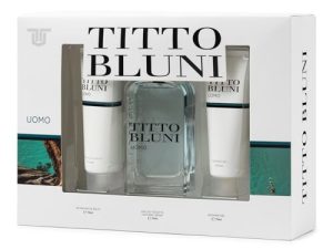 TITTO BLUNI – Uomo, Perfume 75 ml + After Shave 75 ml + Gel 75 ml, Estuche de Regalo para Hombre, Pack 3 Piezas, Elegante y Fresco, Fragancia Masculina, Amaderada, Atractiva y de Larga Duración