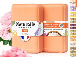 2 Jabones ecológicos de Rosa y Karité – 250g – Hidrata, suaviza y regenera la piel – Tonifica y previene : El envejecimiento prematuro de la piel – Hecho en Provenza – Jabón sólido artesanal natural